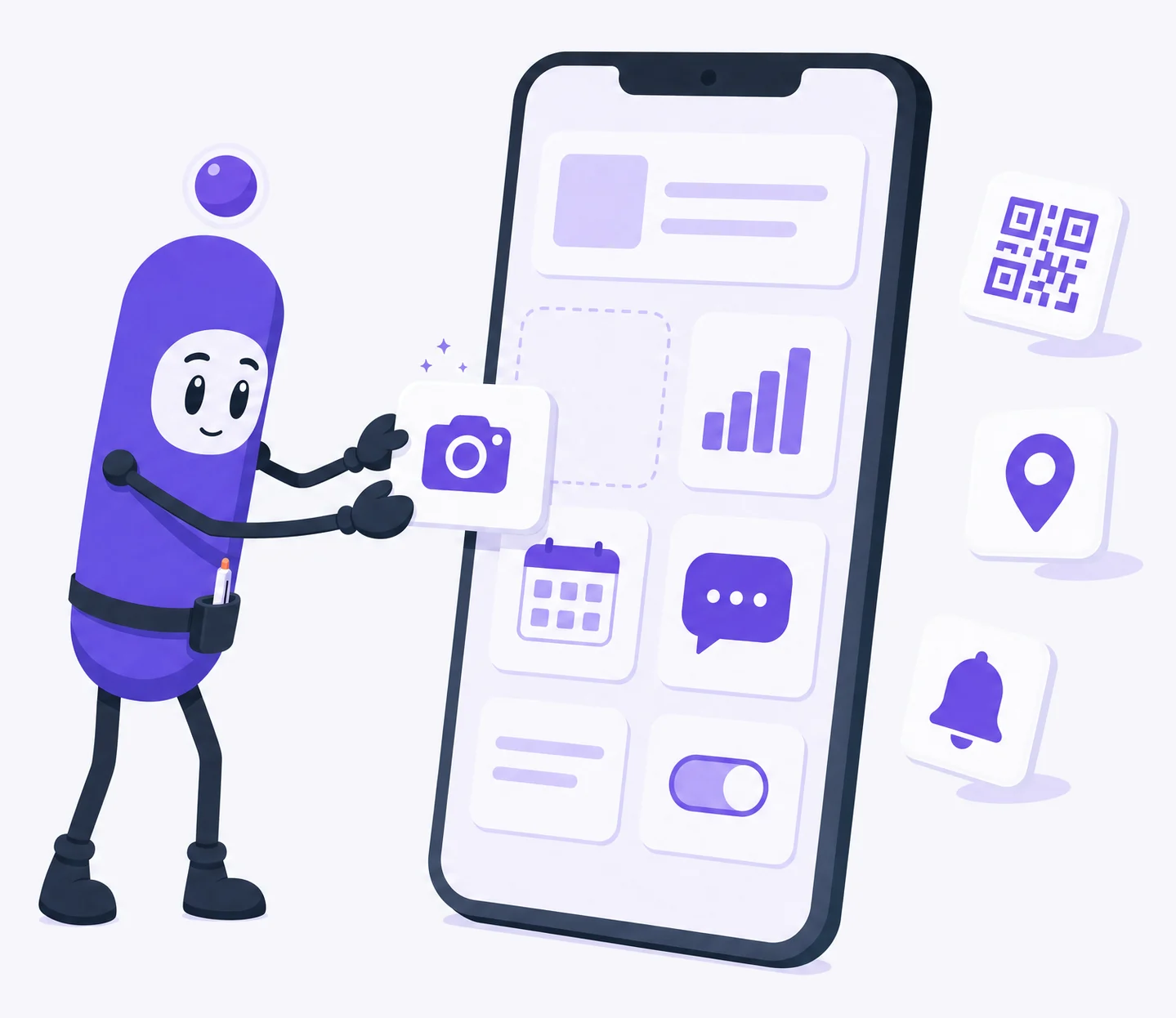 Illustration: Kio setzt einen App-Baustein mit Kamera-Symbol in ein Smartphone ein