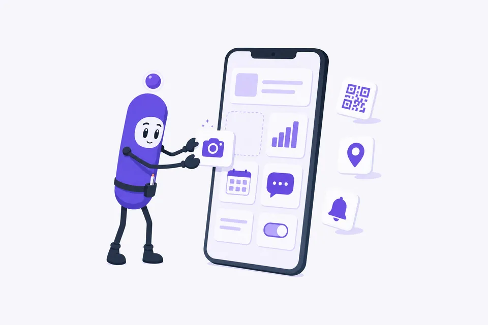 Illustration: Kio setzt einen App-Baustein mit Kamera-Symbol in ein Smartphone ein