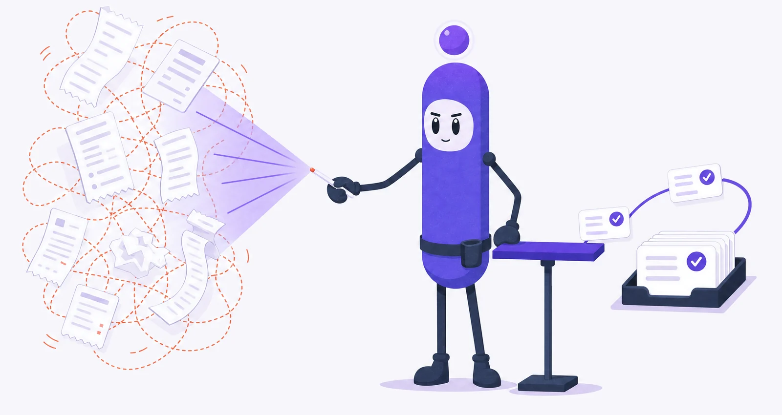 Illustration: Kio erfasst lose Belege mit einem Lichtstrahl und legt sie als geprüfte Datenkarten ab