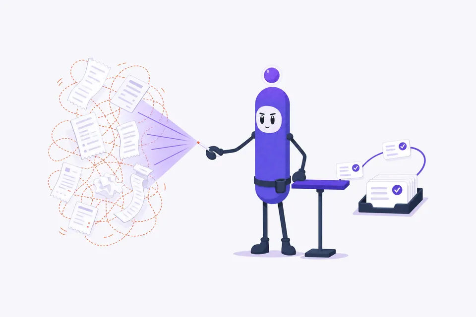 Illustration: Kio erfasst lose Belege mit einem Lichtstrahl und legt sie als geprüfte Datenkarten ab