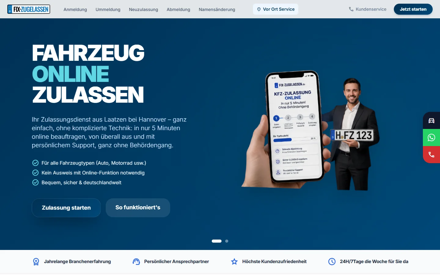 Startseite von FIX-ZUGELASSEN, dem Portal eines Kfz-Zulassungsdienstes