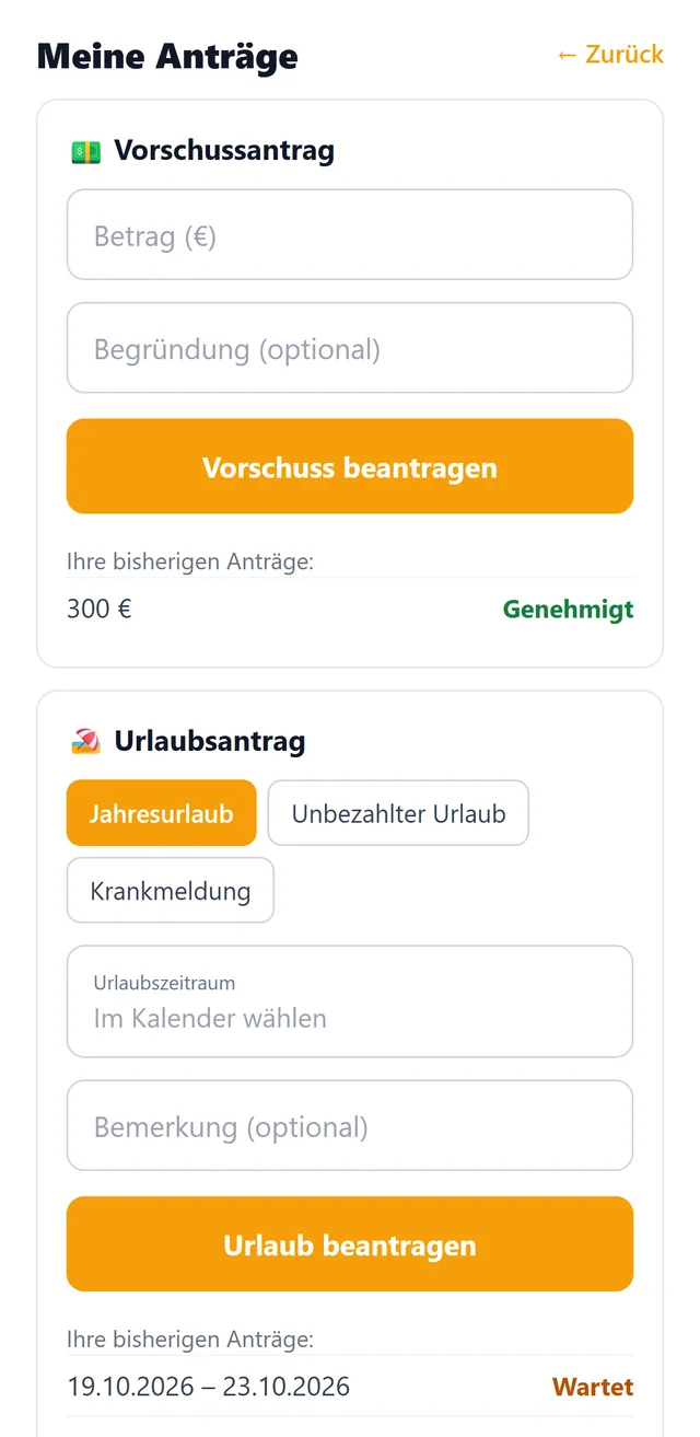 Anträge auf Vorschuss und Urlaub in der Mitarbeiter-App