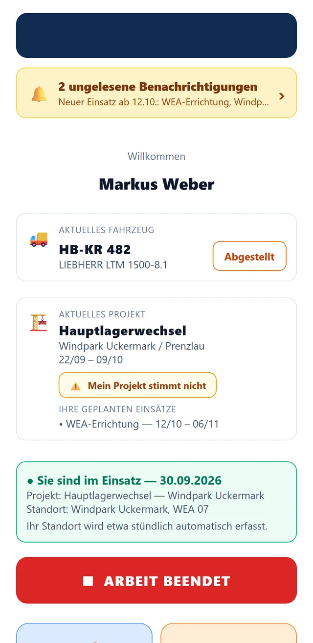 Startseite der Mitarbeiter-App mit Einsatz, Schicht und QR-Fahrzeugübernahme