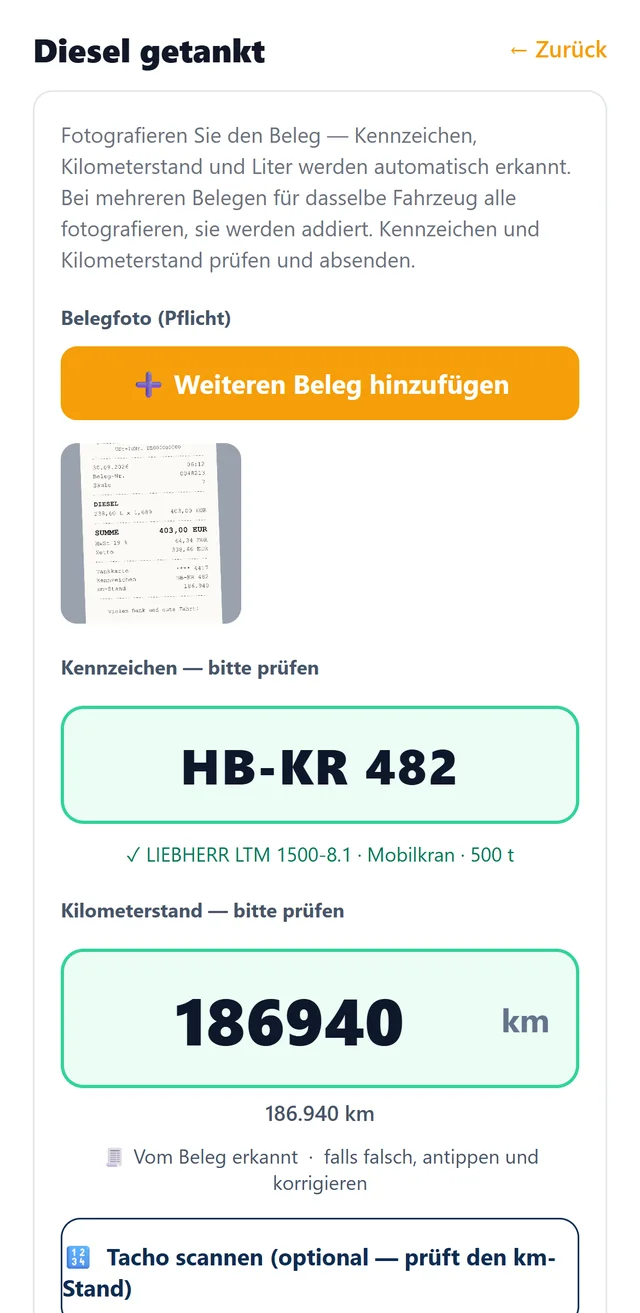 Tankbeleg in der Mitarbeiter-App fotografieren, die KI liest die Werte aus
