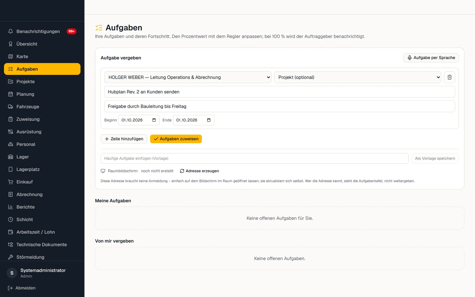 Aufgabe vergeben mit Person, Projekt und Termin