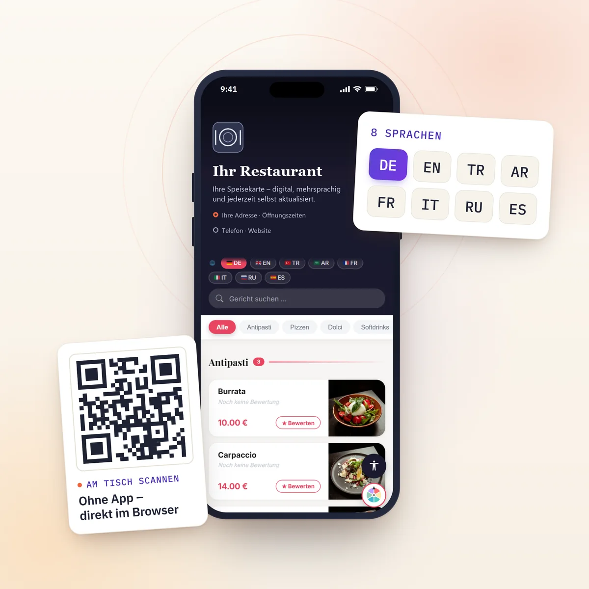 Menu-Pro: mehrsprachige Online-Speisekarte auf dem Smartphone, daneben ein QR-Code für den Tisch und die acht verfügbaren Sprachen