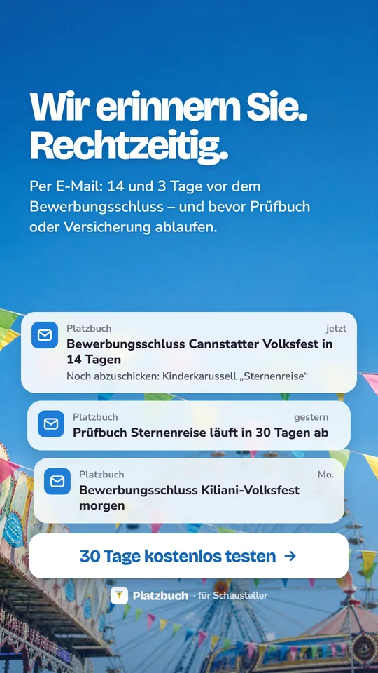 E-Mail-Erinnerungen von Platzbuch zu einem Bewerbungsschluss und einem ablaufenden Prüfbuch