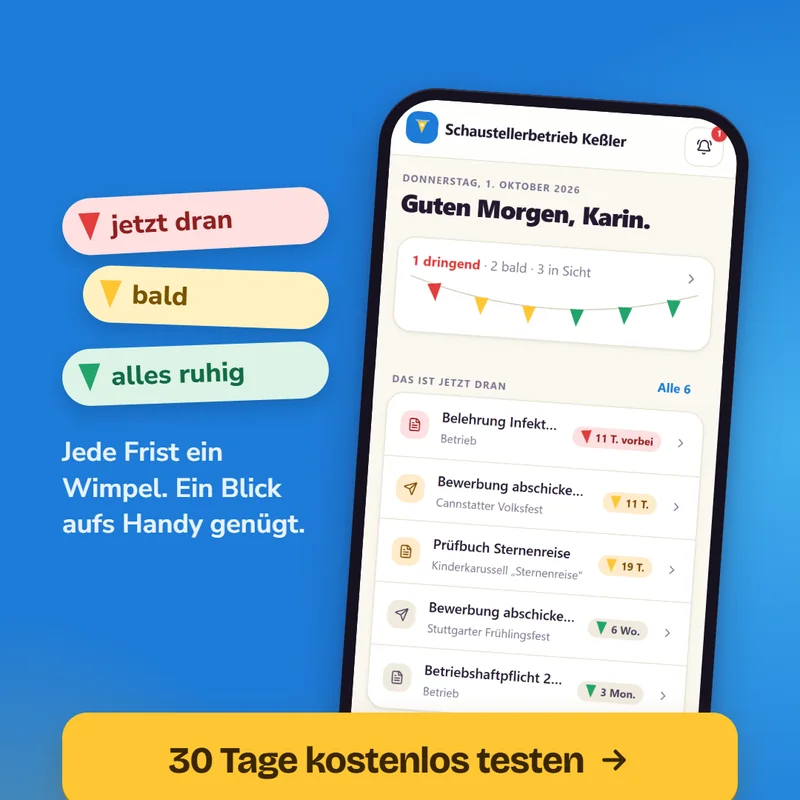 Platzbuch auf dem Handy: Tagesübersicht mit Fristen eines Schaustellerbetriebs