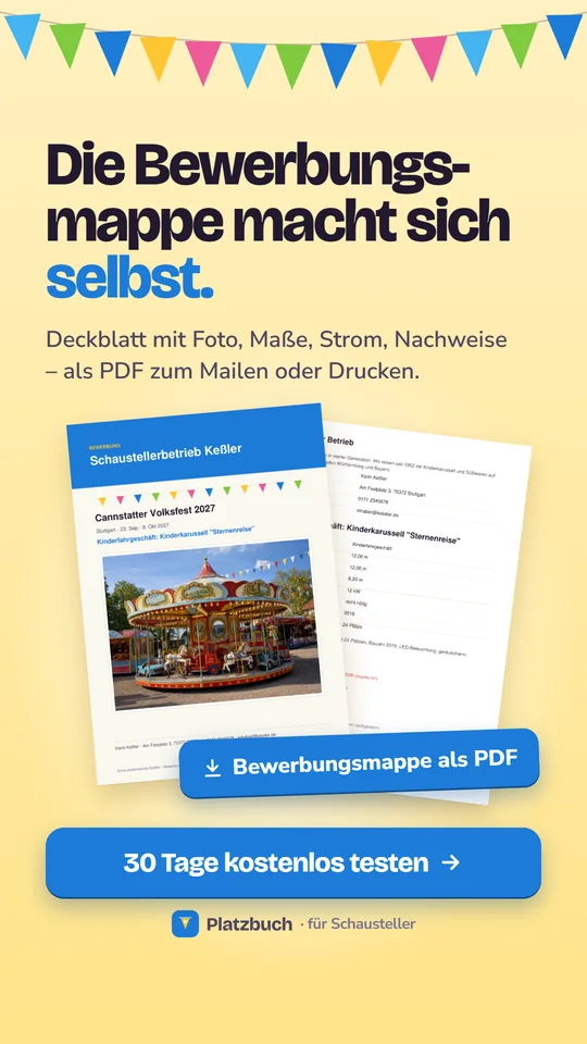 Bewerbungsmappe als PDF mit Deckblatt, Foto des Fahrgeschäfts und technischen Angaben eines Beispielbetriebs