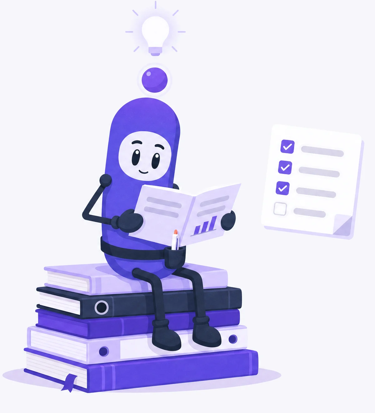 Illustration: Kio liest auf einem Bücherstapel, daneben eine Checkliste