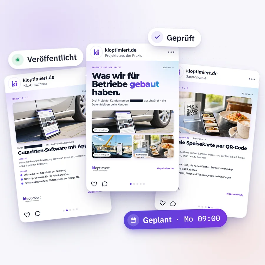 Social-Media-Beiträge von kioptimiert.de, automatisch geplant, geprüft und veröffentlicht