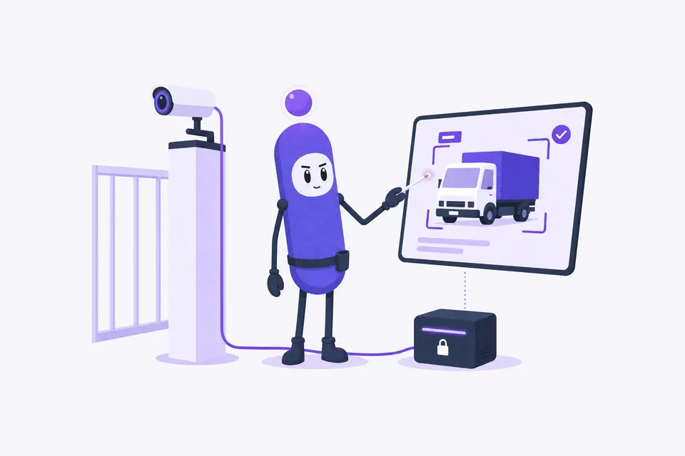 Illustration: Kio wertet am Werkstor ein Kamerabild mit Erkennungsrahmen aus – auf eigener Hardware vor Ort